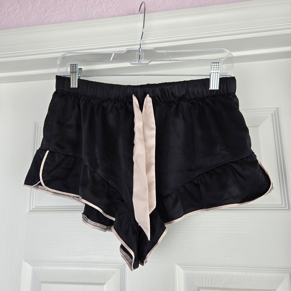 Victoria's Secret Black Satin Sleep Ruffle Shorts Pink Bow Heart Patch‎ Size S